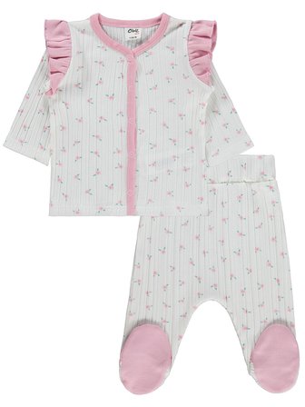 Civil Baby Çiçek Empirme Fırfırlı 1-9 Ay Pijama Takımı - Ekru