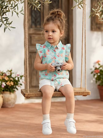 Civil Girls Çiçek Desenli 2-5 Yaş Takım - Mint-Kırık Beyaz