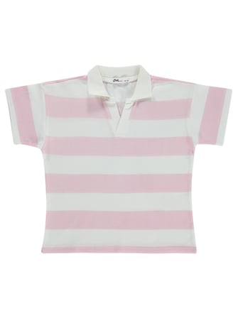 Civil Girls Çizgili Polo Yaka 6-9 Yaş Tişört - Pudra