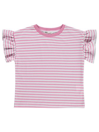Civil Girls Çizgili Volan Kol 10-13 Yaş Tişört - Pembe