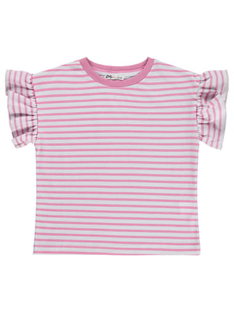 Civil Girls Çizgili Volan Kol 6-9 Yaş Tişört - Pembe