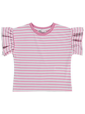 Civil Girls Çizgili Volan Kol 2-5 Yaş Tişört - Pembe