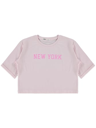 Civil Girls New York Baskılı 10-13 Yaş Tişört - Pudra