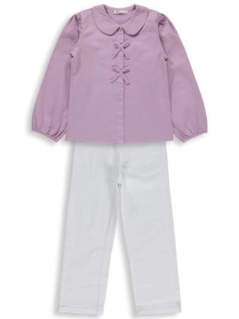 Civil Girls Fiyonklu Gömlek Pantolon İkili 6-9 Yaş Takım - Lila