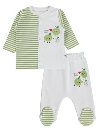 Nova Baby Yeşil Elma Kokulu Önden Açık 1-6 Ay Pijama Takımı - Ekru