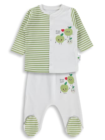 Nova Baby Yeşil Elma Kokulu Önden Açık 1-6 Ay Pijama Takımı - Ekru