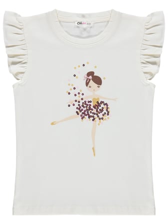Civil Girls Balerin Desenli 6-9 Yaş Tişört - Ekru