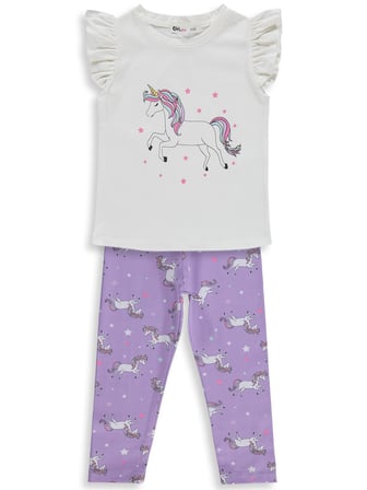 Civil Girls Unicorn Baskılı  2-5 Yaş Takım - Lila