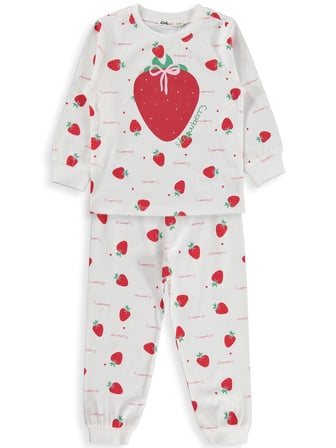 Civil Kız Çocuk Çilek Desenli Pijama Takımı | Süprem-Süprem Uzun Kol | Okul Kreş ve Günlük Kullanım - Ekru