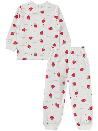 Civil Kız Çocuk Çilek Desenli Pijama Takımı | Süprem-Süprem Uzun Kol | Okul Kreş ve Günlük Kullanım - Ekru