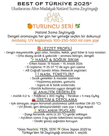 Milas Memecik Erken Hasat Soğuk Sıkım Zeytinyağı Turuncu Seri Yoğun Meyvemsi %0.2 Asit 250 ml