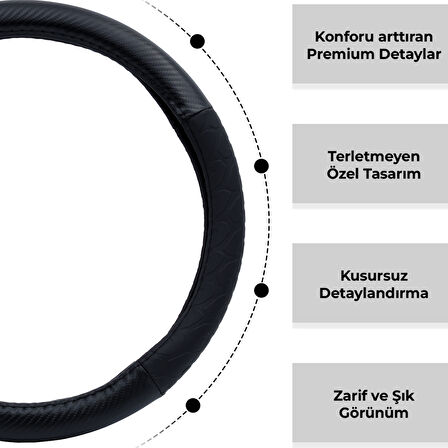 Oto Geçme Direksiyon Kılıfı Karbon Desenli Suni Deri Siyah Renk TEQ-010BK/BK