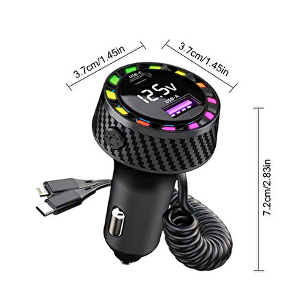 RGB Led Karbon Desenli Yaylı Kablolu 15W Araç Çakmaklık Şarj Cihazı - iPhone & Type-C Çıkışlı FR-422