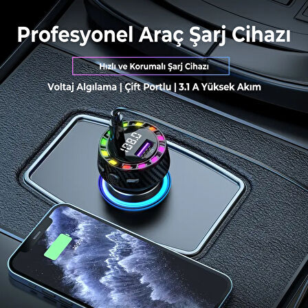RGB Işıklı 5.3 Bluetoothlu 30W USB Type C Hızlı Şarjlı Araç Kiti - MP3 Çalar, Eller Serbest Modlu