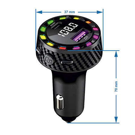 RGB Işıklı 5.3 Bluetoothlu 30W USB Type C Hızlı Şarjlı Araç Kiti - MP3 Çalar, Eller Serbest Modlu