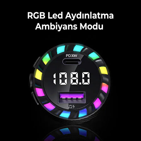 RGB Işıklı 5.3 Bluetoothlu 30W USB Type C Hızlı Şarjlı Araç Kiti - MP3 Çalar, Eller Serbest Modlu