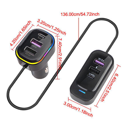 FR-424 36W PD Hızlı Şarj Destekli Çoklu USB & Type-C Çıkışlı Araç Şarj Cihazı - RGB Aydınlatmalı