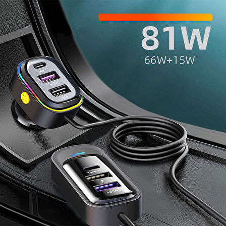 FR-424 36W PD Hızlı Şarj Destekli Çoklu USB & Type-C Çıkışlı Araç Şarj Cihazı - RGB Aydınlatmalı