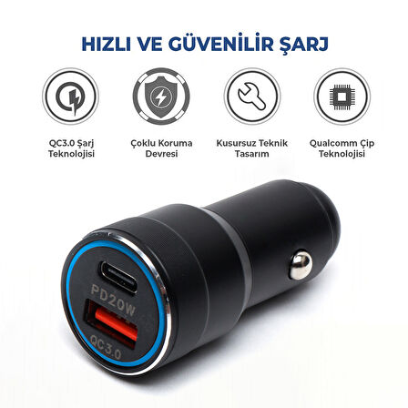 USB Type C Araç Şarj Cihazı Siyah Renk- 2 Port, Hızlı Şarj 30W Çakmaklık Adaptörü