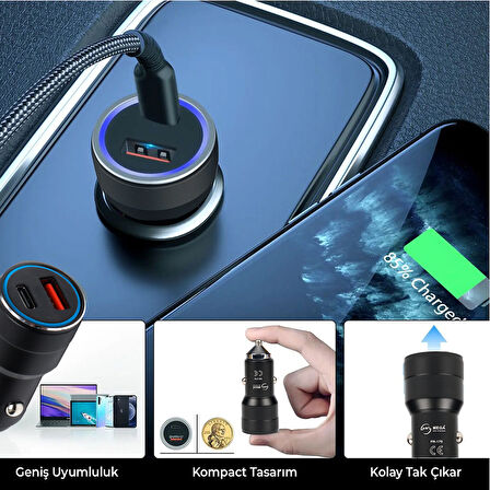 USB Type C Araç Şarj Cihazı Siyah Renk- 2 Port, Hızlı Şarj 30W Çakmaklık Adaptörü