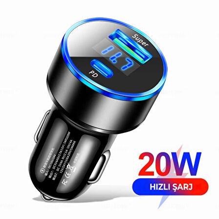 Siyah Araç İçi USB 3.0 Type C 20W Soketli Çakmaklık Güç Adaptörü Tüm Cihazlar 12V-24V