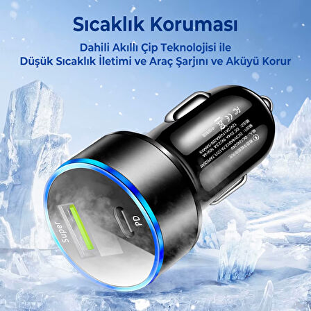 Siyah Araç İçi USB 3.0 Type C 20W Soketli Çakmaklık Güç Adaptörü Tüm Cihazlar 12V-24V
