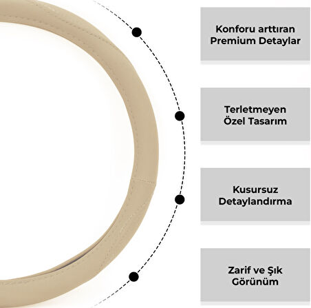 Mega Oto Market Geçmeli Direksiyon Kılıfı Seti Suni Deri Normal Damarlı Bej Renk 40 cm 15" Çap Direksiyon Kaplaması