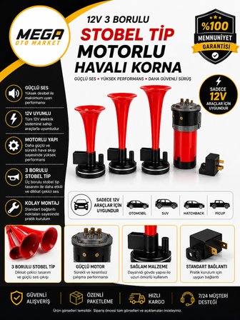 Mega Oto Market 12V 3 Borulu Stobel Tip Motorlu Havalı Korna