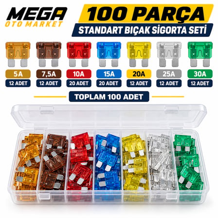 Mega Oto Market 100 Adet Standart Bıçak Sigorta Seti – 5A–30A Karışık Amper Kutulu