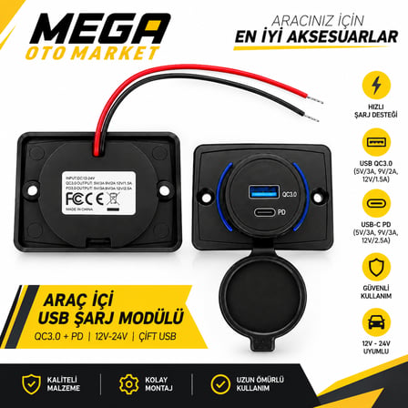 Mega Oto Market USB 3.0 ve Type-C PD Hızlı Araç Şarj Soketi – Koruma Kapaklı Panel Tipi Çakmaklık Güç Adaptörü 