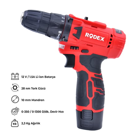Rodex RDX3322 12V 1.5Ah Çift Akülü Şarjlı Matkap Vidalama - 28Nm Tork - Taşıma Çantalı