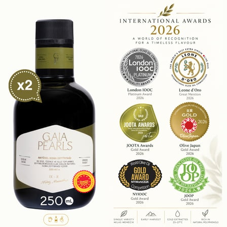 Gaia Pearls İKİLİ SET Yeşil Seri 250 ml x2 Avrupa Birliği Coğrafi İşaretli Milas Memecik Erken Hasat Soğuk Sıkım Zeytinyağı Dengeli Meyvemsi