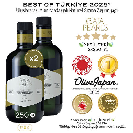 Gaia Pearls İKİLİ SET Yeşil Seri 250 ml x2 Avrupa Birliği Coğrafi İşaretli Milas Memecik Erken Hasat Soğuk Sıkım Zeytinyağı Dengeli Meyvemsi