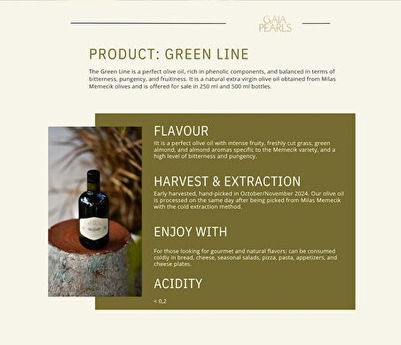 Gaia Pearls İKİLİ SET Yeşil Seri 250 ml x2 Avrupa Birliği Coğrafi İşaretli Milas Memecik Erken Hasat Soğuk Sıkım Zeytinyağı Dengeli Meyvemsi