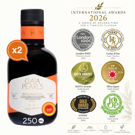 Gaia Pearls İKİLİ SET Turuncu Seri 250 ml x2 Avrupa Birliği Coğrafi İşaretli Milas Memecik Erken Hasat Soğuk Sıkım Zeytinyağı Yoğun Meyvemsi