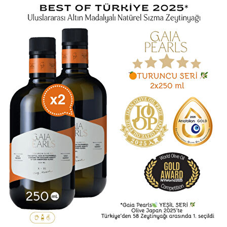 Gaia Pearls İKİLİ SET Turuncu Seri 250 ml x2 Avrupa Birliği Coğrafi İşaretli Milas Memecik Erken Hasat Soğuk Sıkım Zeytinyağı Yoğun Meyvemsi