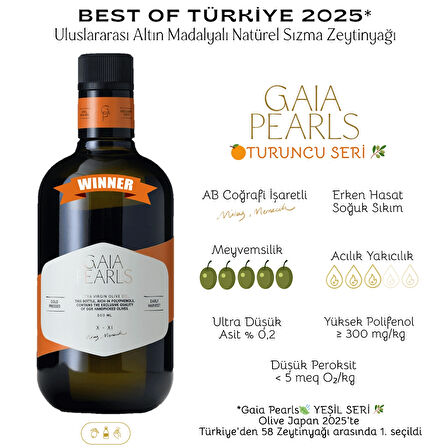 Gaia Pearls İKİLİ SET Turuncu Seri 250 ml x2 Avrupa Birliği Coğrafi İşaretli Milas Memecik Erken Hasat Soğuk Sıkım Zeytinyağı Yoğun Meyvemsi