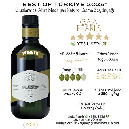Gaia Pearls İKİLİ SET Yeşil Seri 500 ml x2 Avrupa Birliği Coğrafi İşaretli Milas Memecik Erken Hasat Soğuk Sıkım Dengeli Meyvemsi