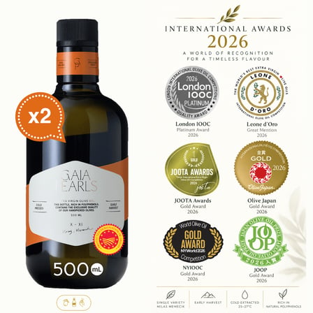 Gaia Pearls İKİLİ SET Turuncu Seri 500 ml x2 Avrupa Birliği Coğrafi İşaretli Milas Memecik Erken Hasat Soğuk Sıkım Zeytinyağı Yoğun Meyvemsi