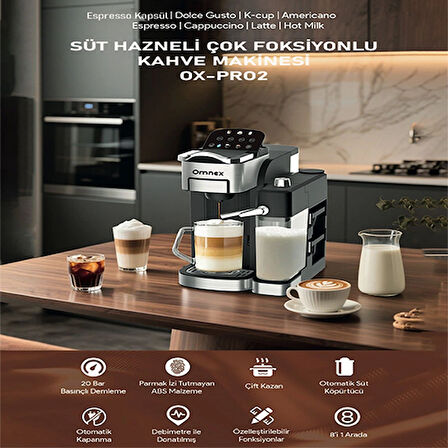 Omnex Ox-Pro II Kapsül Kahve ve Espresso Makinesi 20 Bar Basınç, Süt Köpürtücü, Latte & Cappuccino