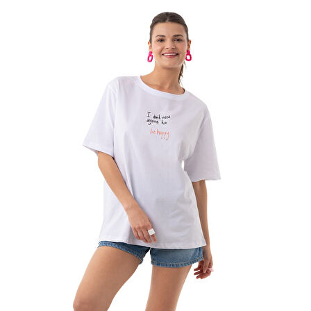 Be Happy Overisize Beyaz T-Shirt