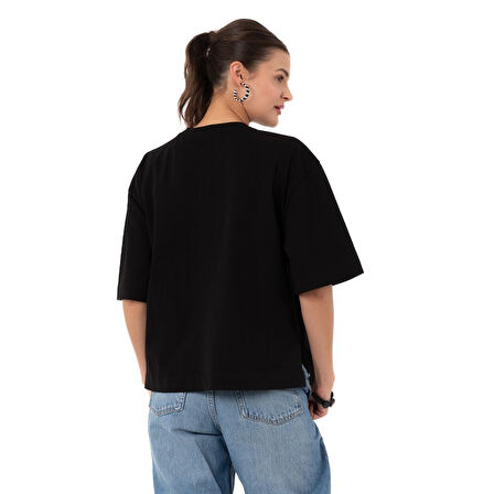 Two Flowers Crop Overisize Siyah T-Shirt