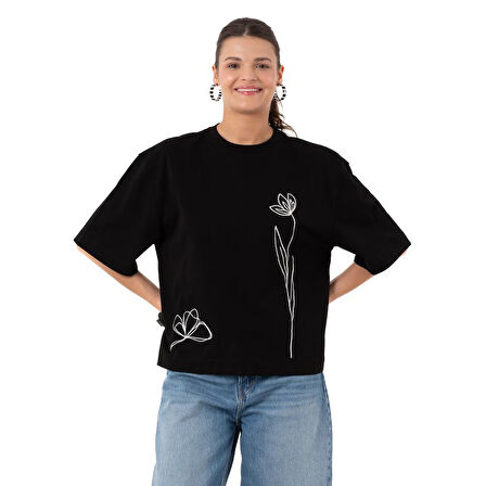 Two Flowers Crop Overisize Siyah T-Shirt