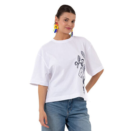 Ace Crop Overisize Beyaz T-Shirt