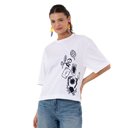 Ace Crop Overisize Beyaz T-Shirt