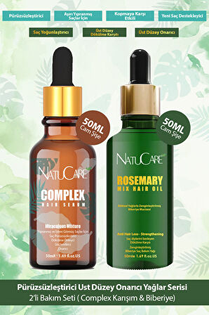 NatuCare Saç Pürüzsüzleştirici Mucizevi Yağlar 2'li Saç Bakım Seti 50ML (Complex Karışım & Biberiye Yağı)