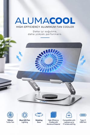 ALUMACOOL – Sessiz, Turbo Güçlü Alüminyum Laptop Soğutucu Stand