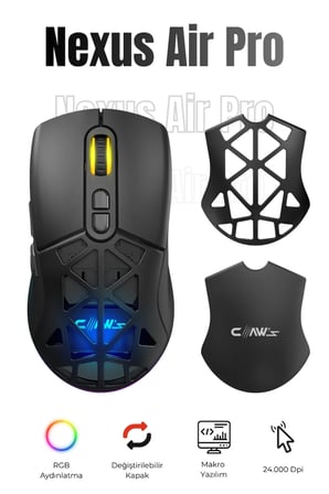 Nexus Air Pro Kablosuz 24.000 Dpi Pixart PMW3311 Sensör Makro Yazılımlı & Değiştirilebilir Kapaklı RGB Kablosuz Gaming Mouse - Siyah (2.4 GHz Kablosuz + BT5.1 + Type-C ile Kullanım Desteği)