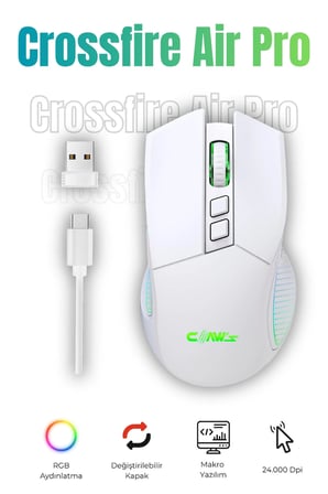 Crossfire Air Pro Kablosuz 24.000 Dpi Pixart PMW3325 Sensör Makro Yazılımlı Chromatic RGB Kablosuz Gaming Mouse - Beyaz (2.4 GHz Kablosuz + BT5.1 + Type-C ile Kullanım Desteği)