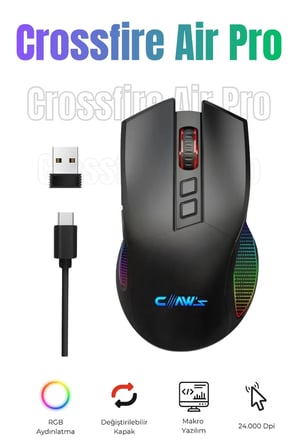 Crossfire Air Pro Kablosuz 24.000 Dpi Pixart PMW3325 Sensör Makro Yazılımlı Chromatic RGB Kablosuz Gaming Mouse - Siyah (2.4 GHz Kablosuz + BT5.1 + Type-C ile Kullanım Desteği)